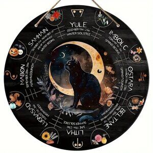 Wheel of the Year Wall Art 8" Black Cat Pagan Wiccan Decor Witchcraft